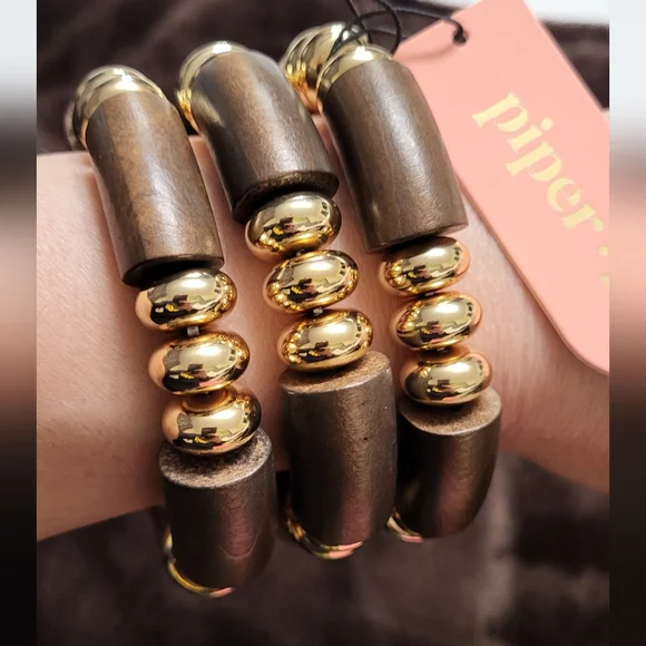 Piper K Set Of 3 Gold and Brown Statement Bracelet with Spherical Embellishments - Picture 3 of 13